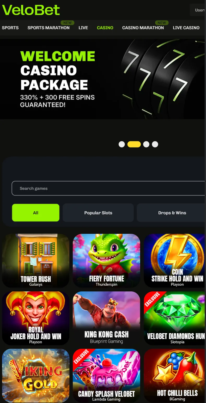 Velobet mobile browser interface on smartphone